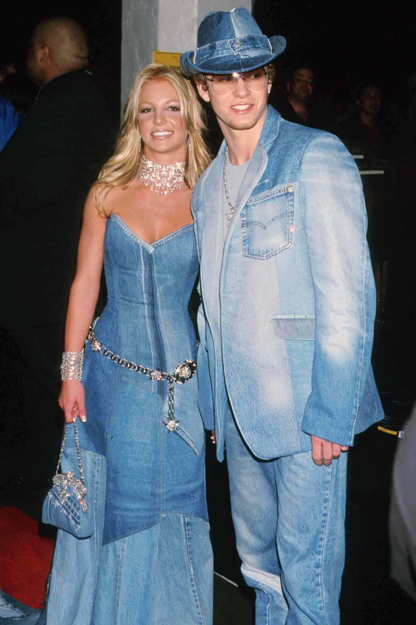 Britney Spears and Justin Timberlake in 2021 dressed in denim and rhinestones at the American Music Awards.