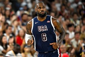 LeBron James of the United States reacts during the Men's Basketball Quarterfinal match between Brazil and United States of America on day eleven of the Olympic Games Paris 2024 at Bercy Arena on August 06, 2024 in Paris, France. 