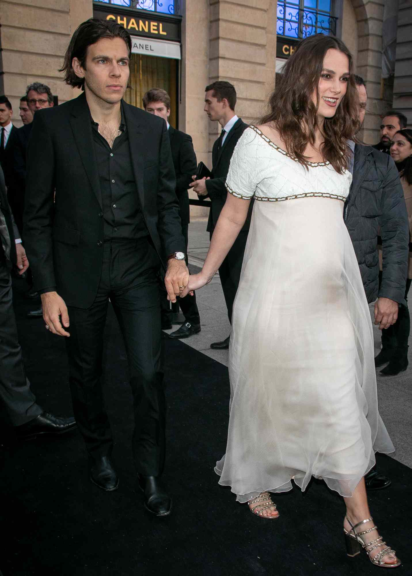 James Righton and actress Keira Knightley attend the CHANEL J12 cocktail on Place Vendome on May 02, 2019 in Paris, France