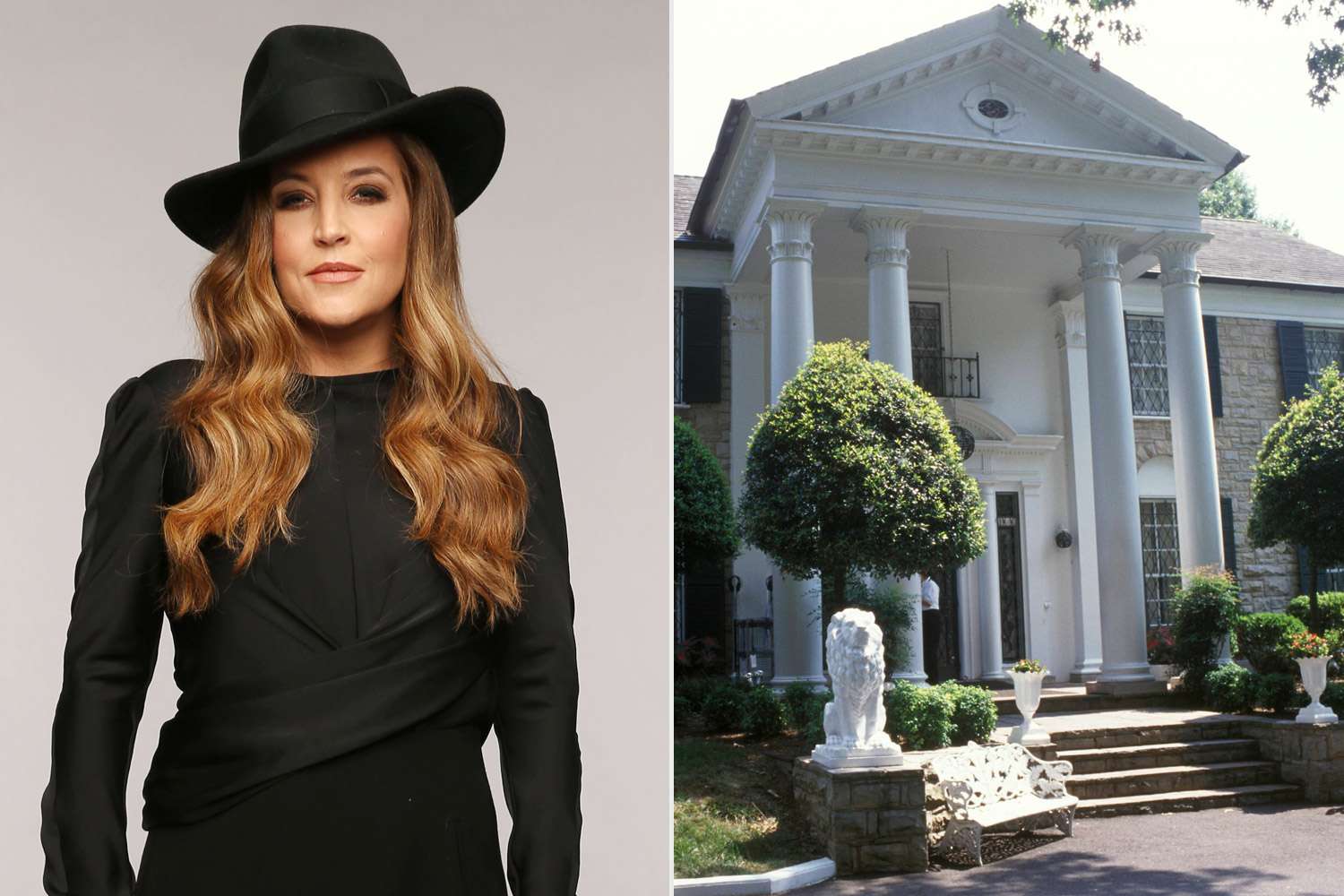 NASHVILLE, TN - JUNE 05: Musician Lisa Marie Presley poses at the Wonderwall portrait studio during the 2013 CMT Music Awards at Bridgestone Arena on June 5, 2013 in Nashville, Tennessee. (Photo by Christopher Polk/Getty Images for Wonderwall); UNITED STATES - circa 1970: Photo of Elvis PRESLEY and VENUES and GRACELAND; Elvis Presley's house, Graceland (Photo by Mick Hutson/Redferns)