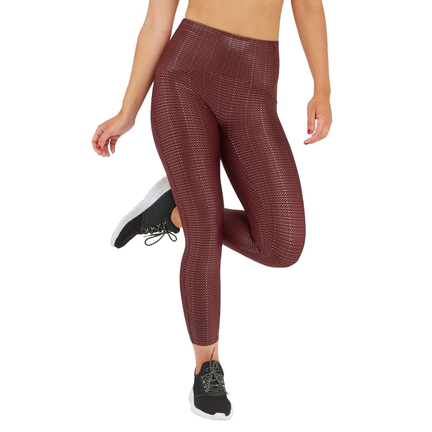 woman wearing burgundy leggings by spanx