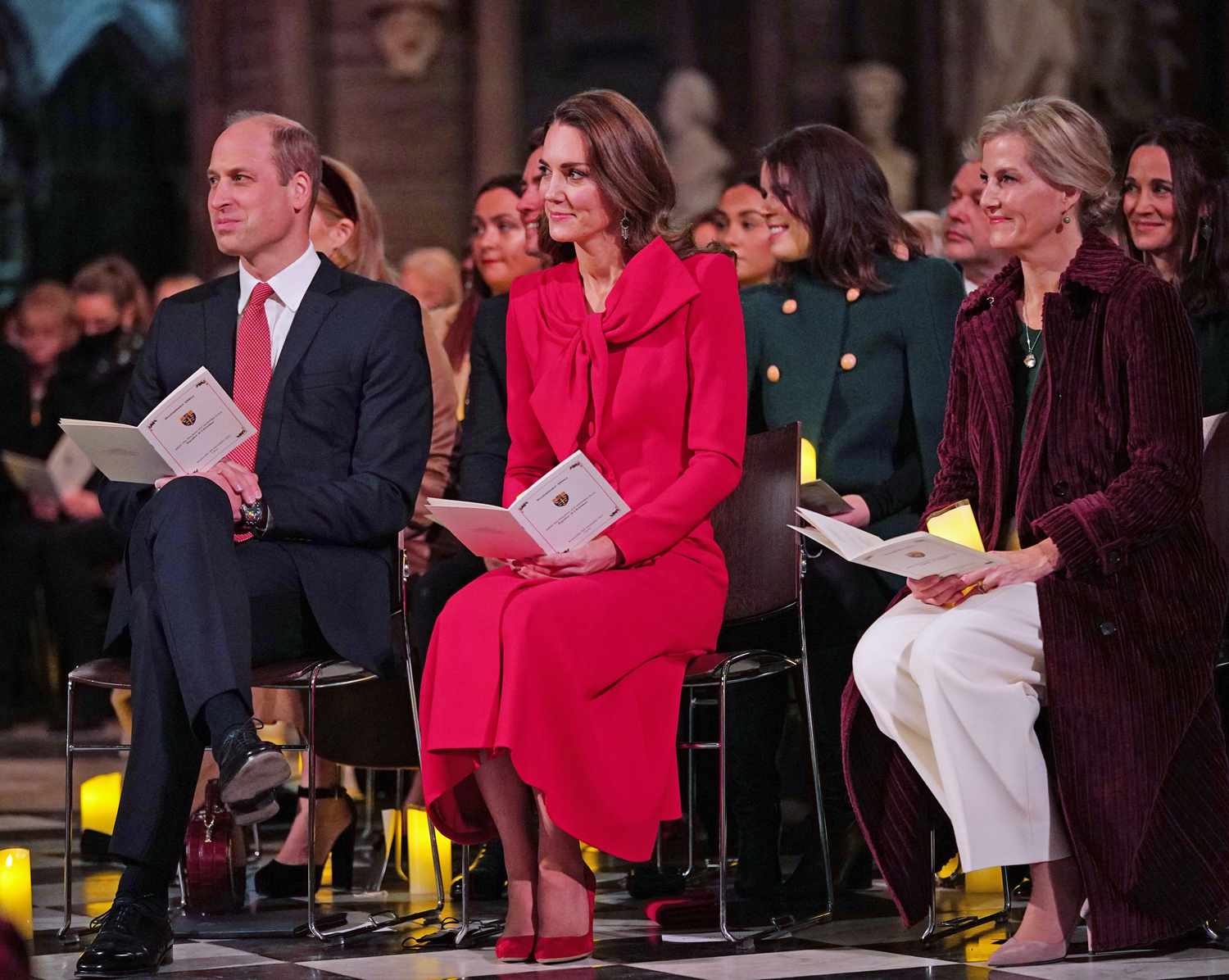 Previously unissued photo dated 08/12/21 Prince William, Duke of Cambridge, Catherine, Duchess of Cambridge and Sophie, Countess of Wessex take part in 'Royal Carols - Together At Christmas', a Christmas carol concert hosted by the duchess at Westminster Abbey in London, which will be broadcast on Christmas Eve on ITV. on December 8, 2021 in London, England