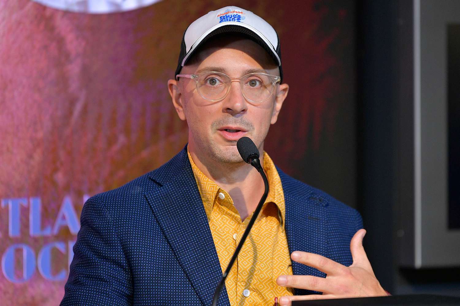 Steve Burns speaks as he and Josh Dela Cruz light the Empire State Building blue in celebration of Blue's Clues 25th Anniversary at The Empire State Building on September 08, 2021 in New York City