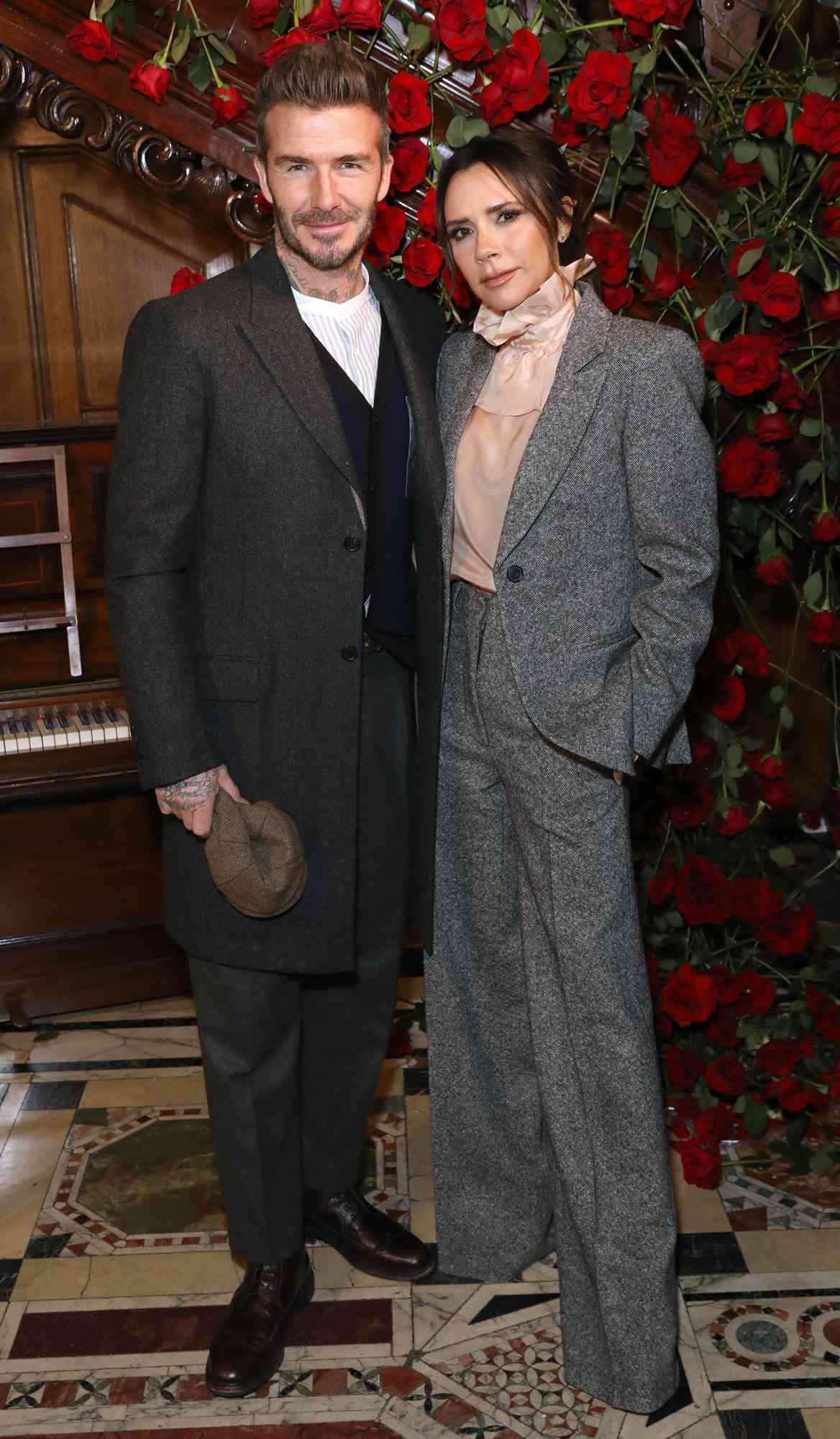 David and Victoria Beckham attend the Kent & Curwen presentation during London Fashion Week Men's January 2019 at Two Temple Place on January 6, 2019 in London, England