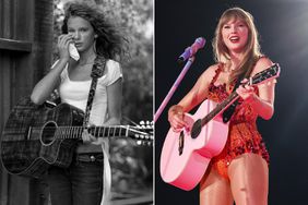 Taylor Swift in an Abercrombie & Fitch advertisement; Taylor Swift performs onstage during night four of "Taylor Swift | The Eras Tour" at La Defense on May 12, 2024 in Paris, France.