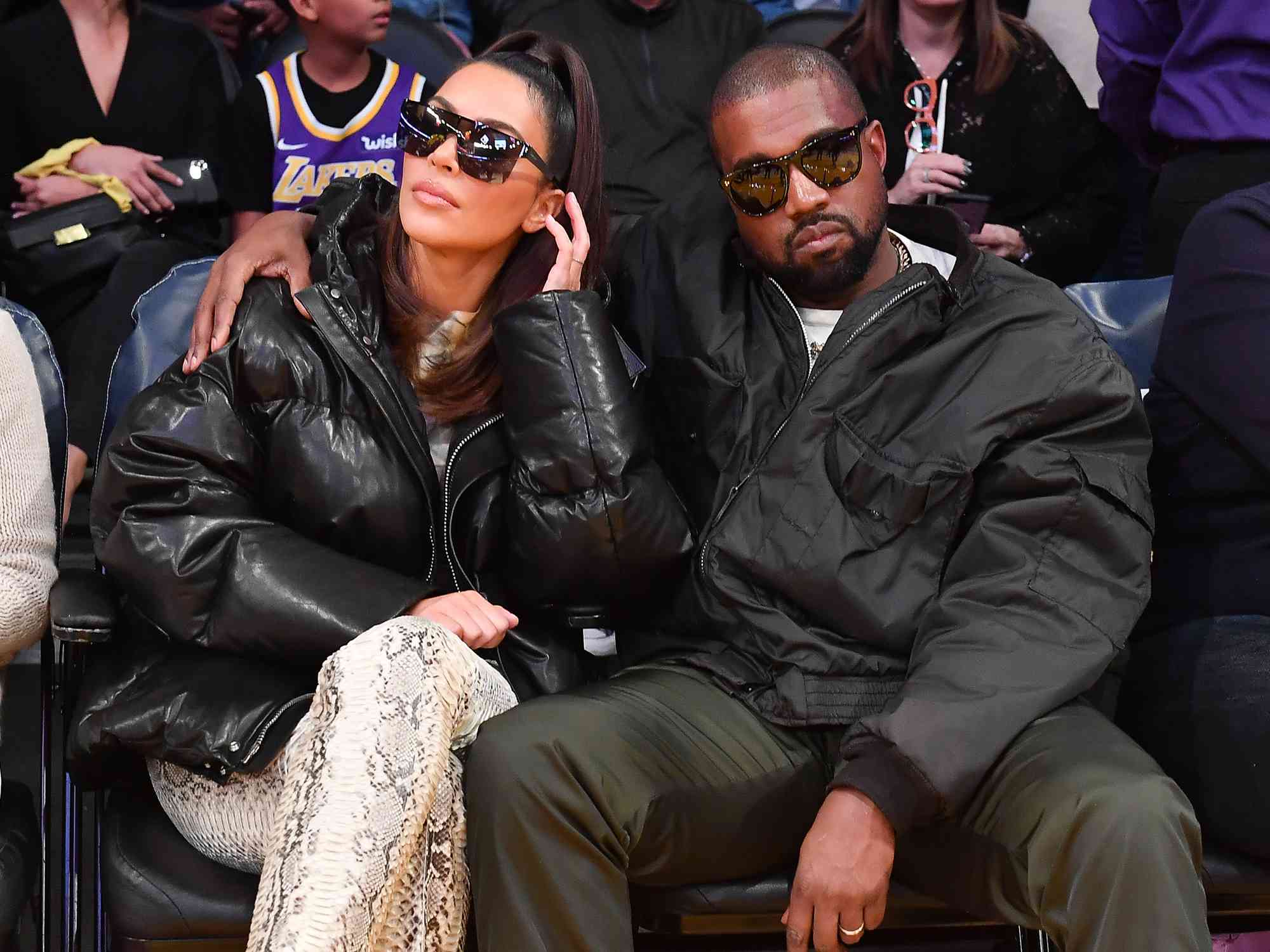 Kim Kardashian and Kanye West attend a basketball game between the Los Angeles Lakers and the Cleveland Cavaliers at Staples Center on January 13, 2020 in Los Angeles, California