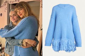 Cara Delevingne and Taylor Swift hugging backstage at Cabaret!; Stell McCartney Oversized Knit Sweater with Fringe Hem