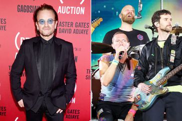 Bono attends The (RED) Auction with Theaster Gates, Sir David Adjaye and Bono, in collaboration with Sotheby's and Gagosian at The Moore Building on December 5, 2018 in Miami, Florida.; Jonny Buckland, Chris Martin, Will Champion and Guy Berryman of Coldplay perform onstage at Rose Bowl Stadium on September 30, 2023 in Pasadena, California.