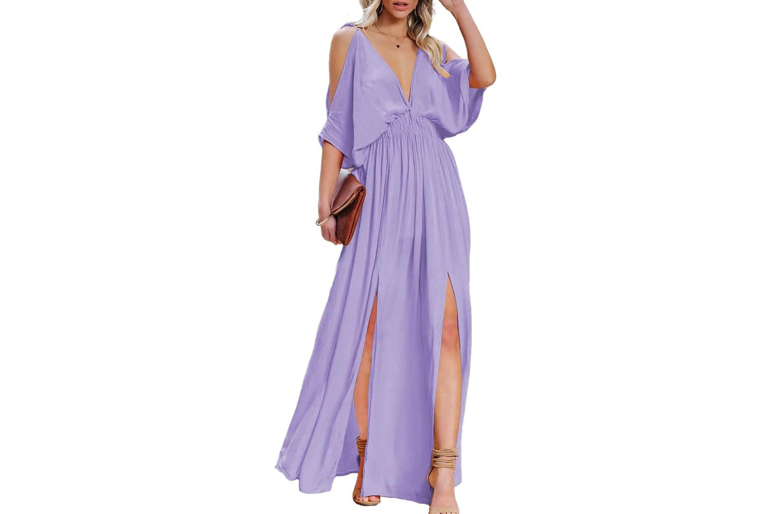 DEEP SELF Women Summer V Neck Cold Shoulder Short Sleeve Maxi Dress