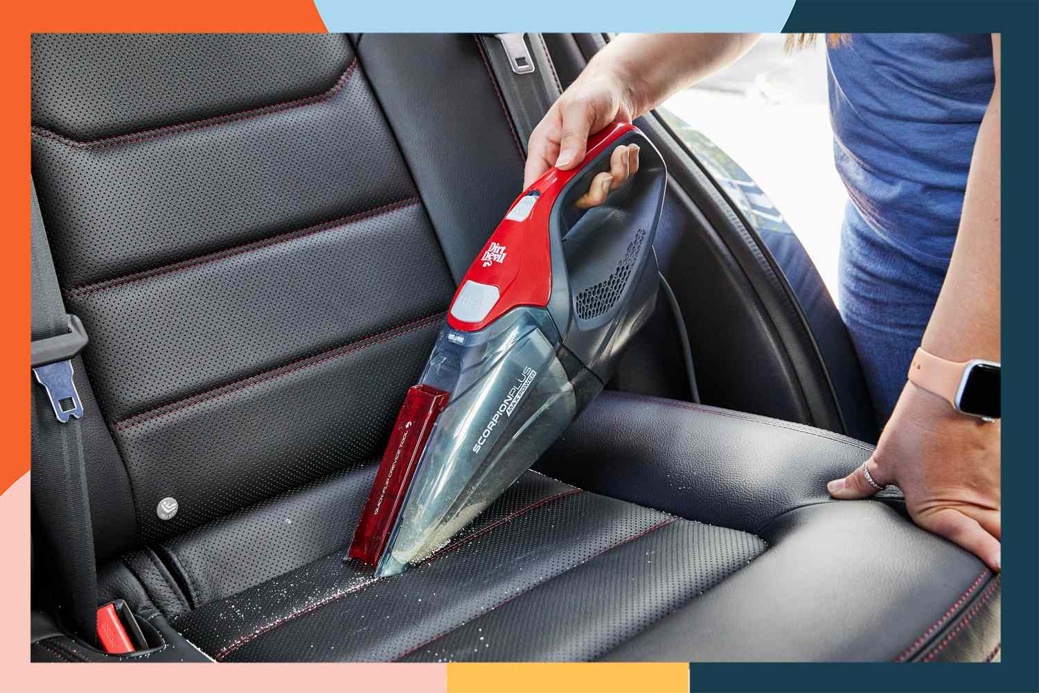 Person using Dirt Devil SD30025B Scorpion Plus Corded Handheld Vacuum Cleaner to clean car seat