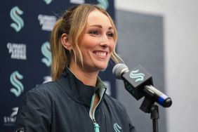 Jessica Campbell is introduced as an assistant coach for the Seattle Kraken making her the first female full-time coach in the National Hockey League during development camp at the Kraken Community Iceplex on July 02, 2024 in Seattle, Washington. 