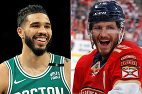  Jayson Tatum #0 of the Boston Celtics, Matthew Tkachuk #19 of the Florida Panthers 