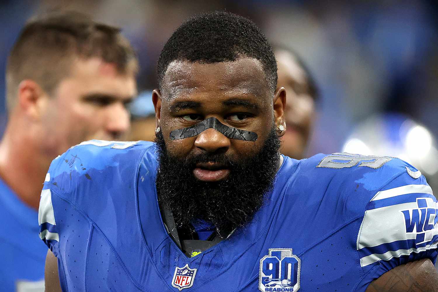 Detroit Lions defensive end Isaiah Buggs (96) walks off the field after the conclusion of an NFL football game against the Carolina Panthers in Detroit, Michigan USA, on Sunday, October 8, 2023