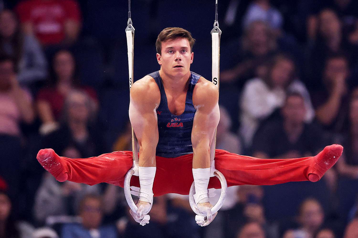 Brody Malone competes on the Rings on Day One of the 2024 U.S. Olympic Team Gymnastics Trials at Target Center on June 27, 2024 in Minneapolis, Minnesota.