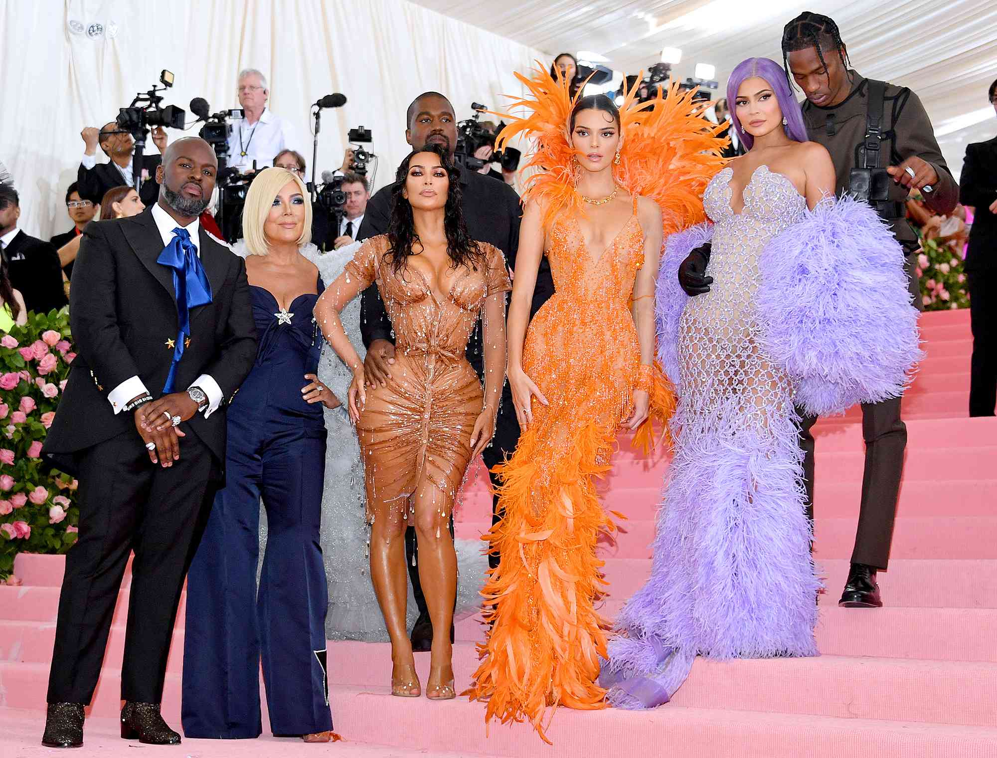 Corey Gamble, Kris Jenner, Kanye West, Kim Kardashian West, Kendall Jenner, Kylie Jenner and Travis Scott attend The 2019 Met Gala Celebrating Camp: Notes on Fashion at Metropolitan Museum of Art on May 06, 2019 in New York City