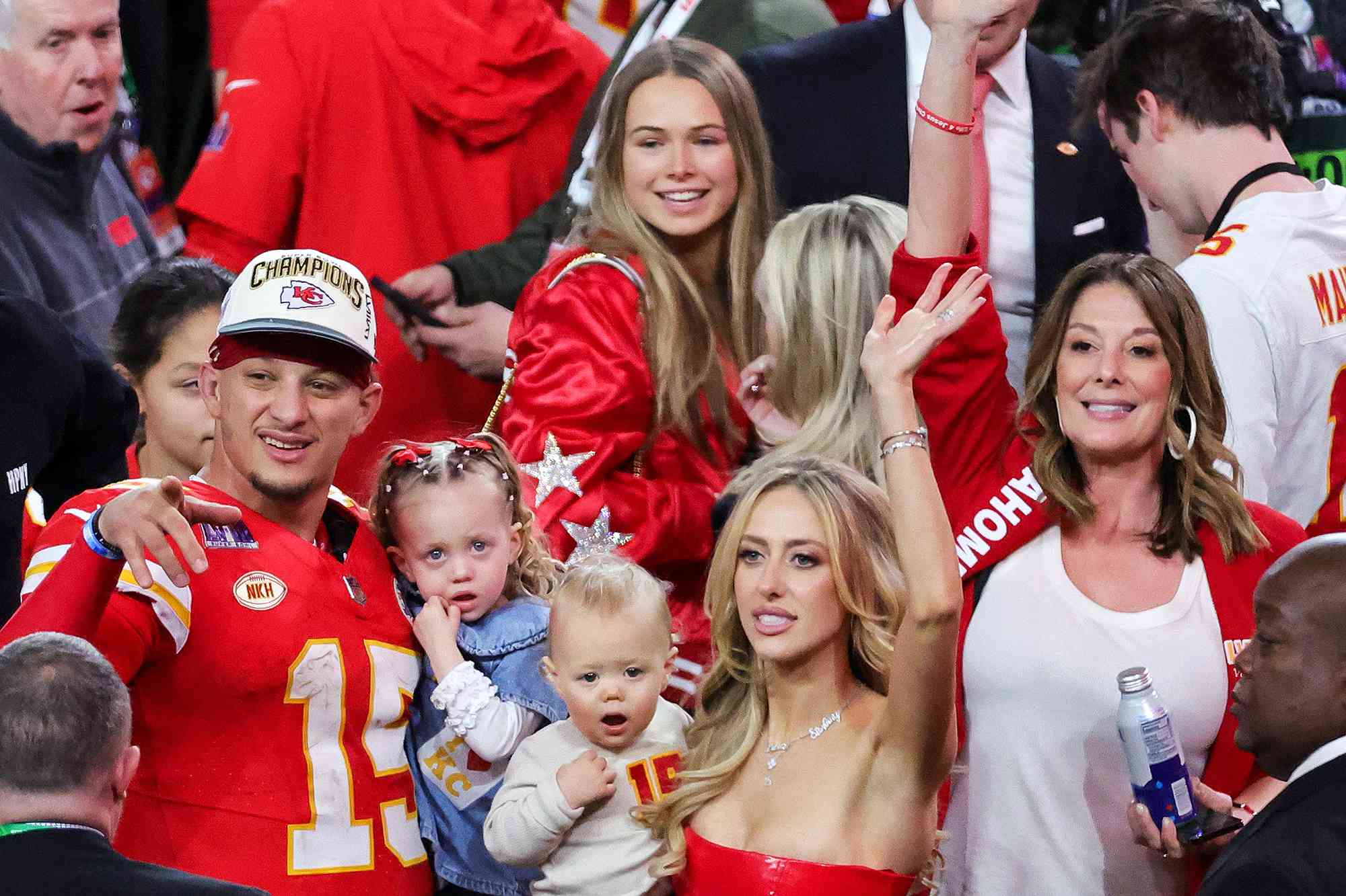 Jackson Mahomes, quarterback Patrick Mahomes #15 of the Kansas City Chiefs, Sterling Skye Mahomes, Patrick "Bronze" Lavon Mahomes III, Brittany Mahomes and Randi Mahomes celebrate after the Chiefs' 25-22 overtime victory over the San Francisco 49ers in Super Bowl LVIII at Allegiant Stadium on February 11, 2024 in Las Vegas, Nevada. 