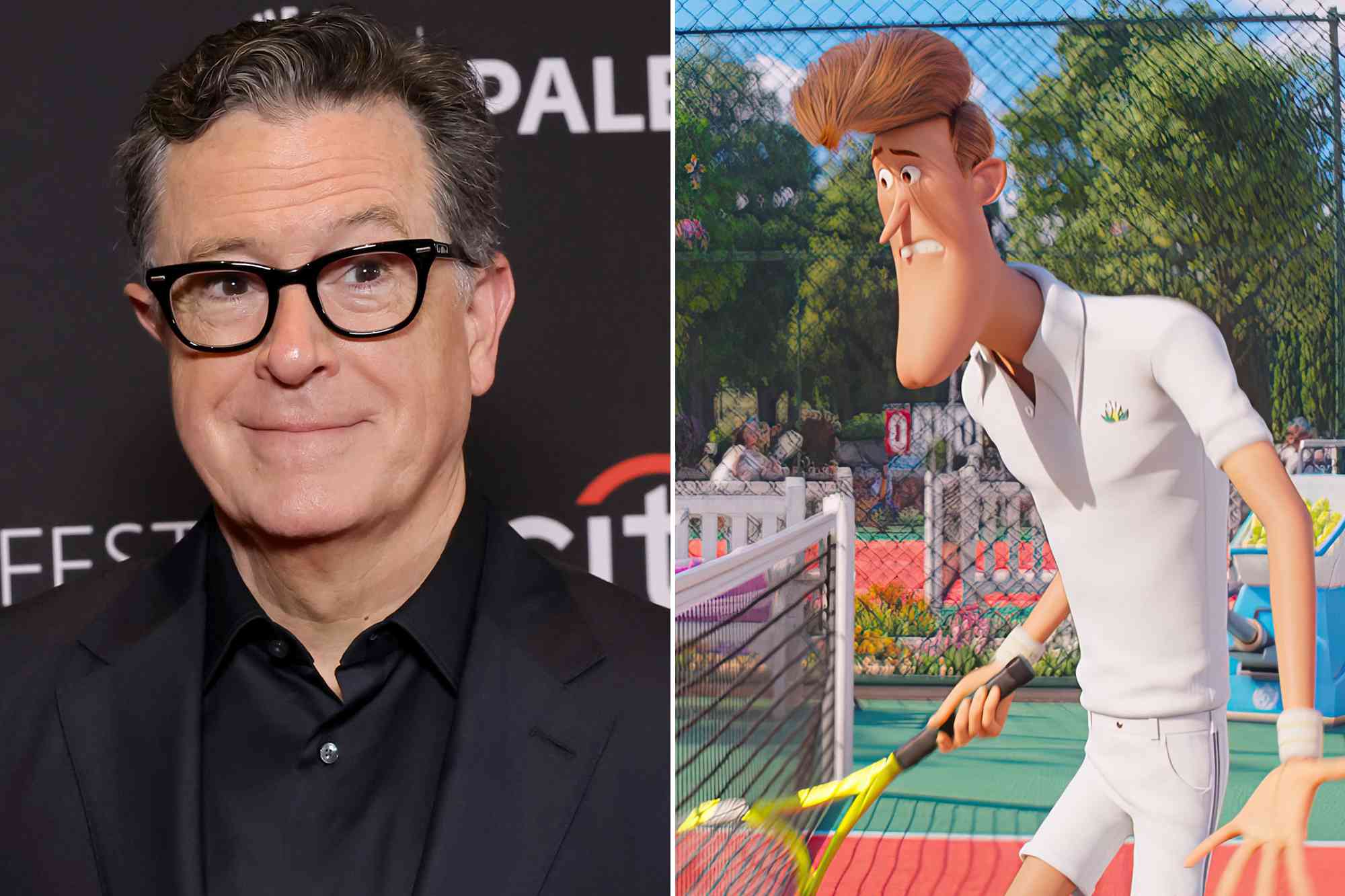 Stephen Colbert arrives at Paley Fest LA 2024 on April 21, 2024 in Hollywood, California. ; Perry Prescott in 'Despicable Me 4'. 