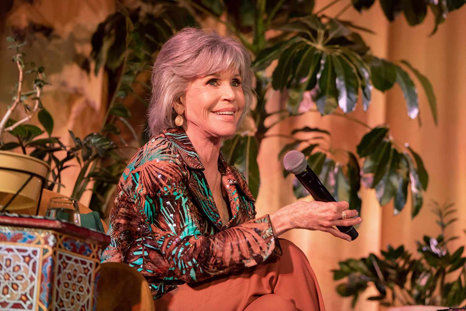 Jane Fonda speaks onstage during An Evening with Jane Fonda, a fundraiser for Jane Fonda Climate PAC