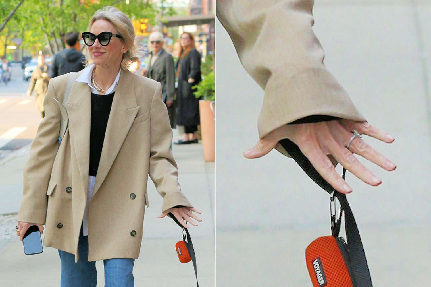 Naomi Watts shows off what appears to be an engagement ring outside the Greenwich Hotel while walking her dog in New York City. Naomi then appears to hide the ring by covering it with her cellphone.