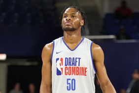 Bronny James shoots a free throw during the 2024 NBA Combine on May 15, 2024 at Wintrust Arena in Chicago, Illinois