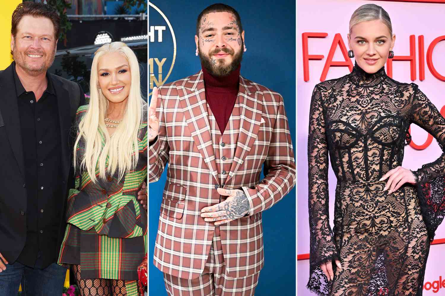 Blake Shelton and Gwen Stefani attend the Los Angeles premiere of Universal Pictures "The Fall Guy" at Dolby Theatre on April 30, 2024 in Hollywood, California.; Musician Post Malone poses backstage on Thursday, May 12, 2022; Kelsea Ballerini attends the FASHION TRUST U.S. Awards 2024 on April 09, 2024 in Beverly Hills, California.