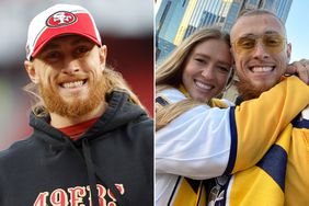 George Kittle before the NFC Divisional Playoffs against the Green Bay Packers on January 20, 2024 in Santa Clara, California. ; George Kittle and Emma Kittle. 