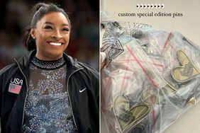 Simone Biles of Team United States reacts as she arrives for the Artistic Gymnastics Women's Qualification; Simone Biles Olympic pins.