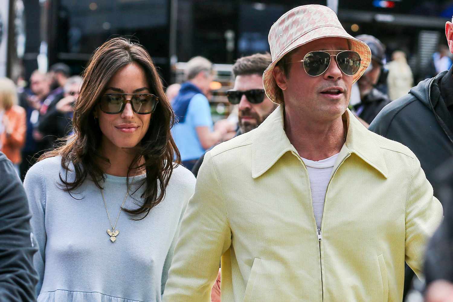 Brad Pitt and partner arrive ahead of the Formula One Qatar Airways British Grand Prix at the Silverstone Circuit, Silverstone, England, United Kingdom on 7 July 2024