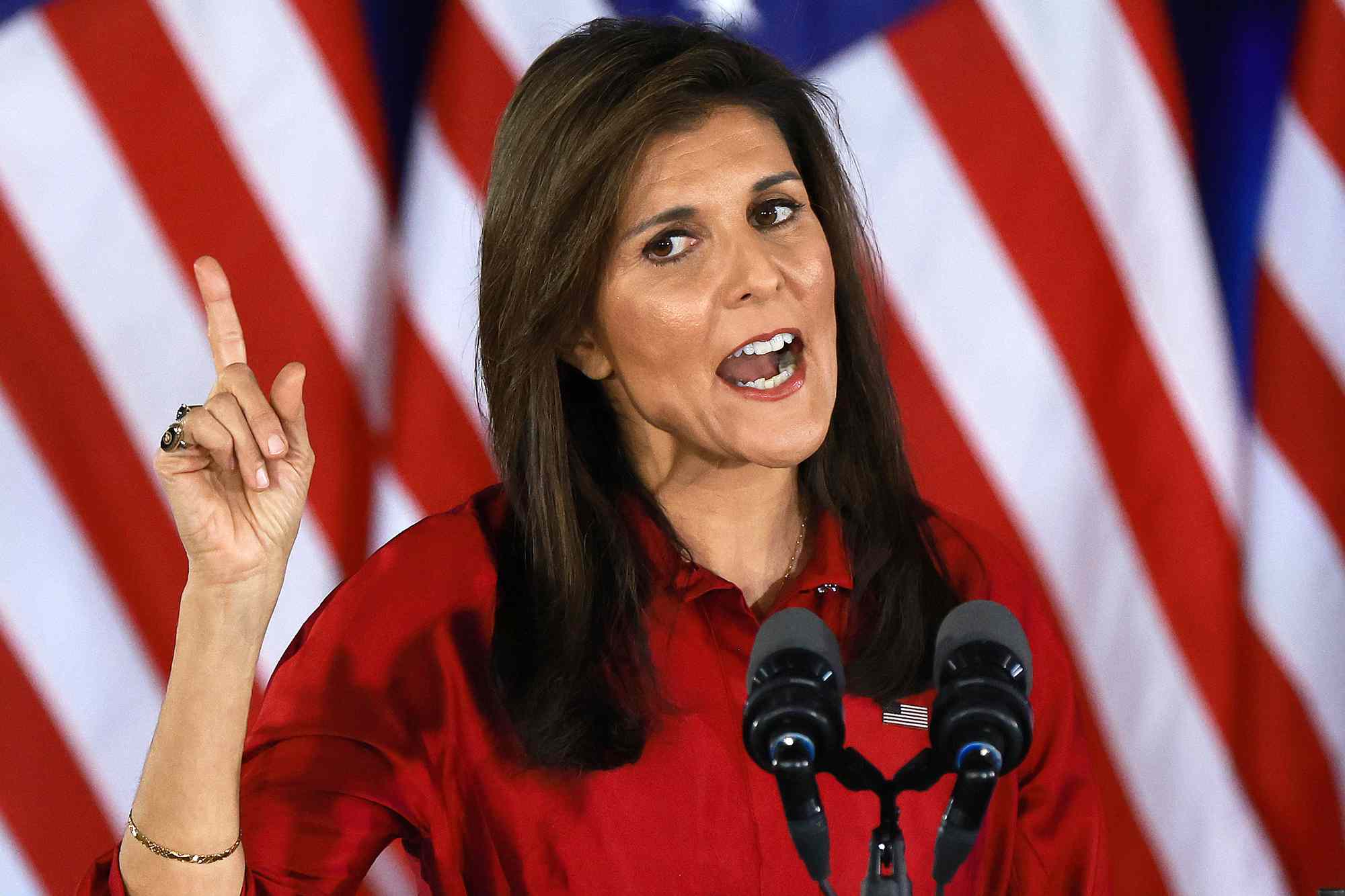 Republican presidential candidate former U.N. Ambassador Nikki Haley speaks at her caucus night event on January 15, 2024 in West Des Moines, Iowa. Iowans voted today in the stateÃ¢ÂÂs caucuses for the first contest in the 2024 Republican presidential nominating process. 