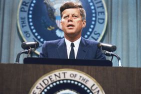 US President John F. Kennedy (1917 - 1963) addresses a press conference, circa 1963.