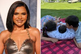 Mindy Kaling attends the 2023 Vanity Fair Oscar Party on March 12, 2023 in Beverly Hills, California. ; Mindy Kaling's kids Kit, Spencer, and Anne. 