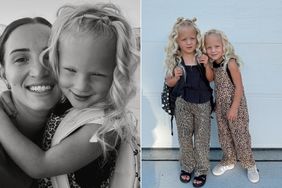 Tavia Wade poses with her twin daughters on their first day of school. 