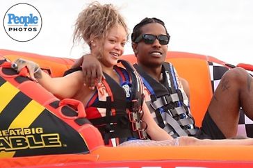 Rihanna with her beau, the American Rapper Asap Rocky are seen out on the beach where they boarded 'The Great Big Mable' Sofa Inflatable for a thrill seeking ride out to sea during their Caribbean getaway.