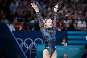 Jade Carey from Team United States reacts after her exercise on the vault during day two of the Olympic Games Paris 2024 at the Bercy Arena