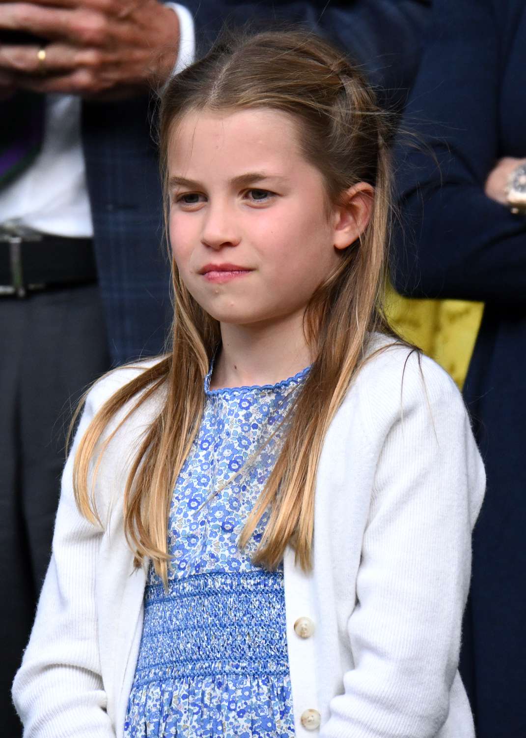 Princess Charlotte of Wales watches Carlos Alcaraz vs Novak Djokovic in the Wimbledon 2023 men's final on Centre Court during day fourteen of the Wimbledon Tennis Championships at All England Lawn Tennis and Croquet Club on July 16, 2023