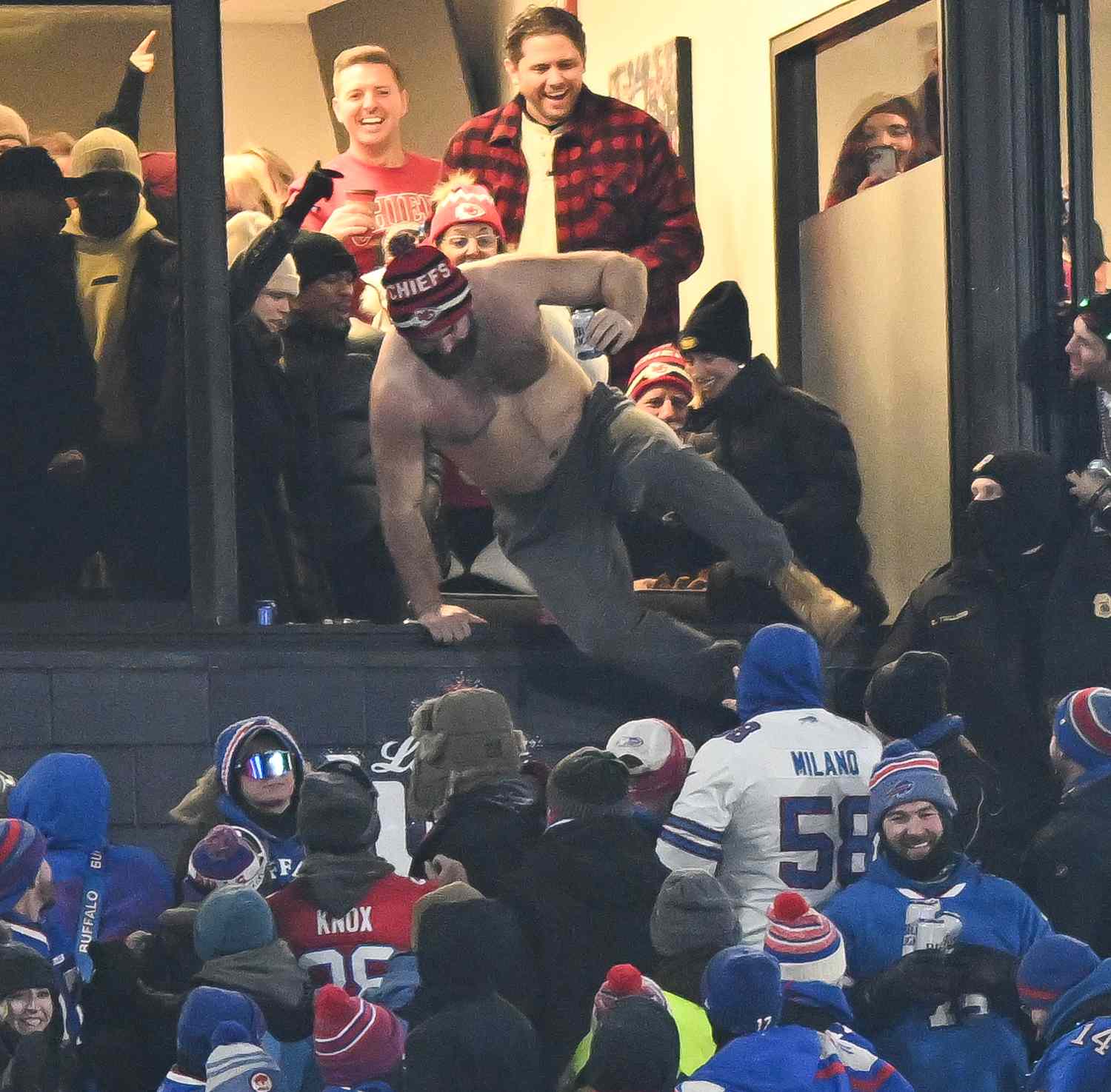 Jason Kelce #62 of the Philadelphia Eagles celebrates and jumps from his box after the Kansas City Chiefs score a touchdown during the first half of the AFC Divisional Playoff game against the Buffalo Bills at Highmark Stadium on January 21, 2024 in Orchard Park, New York.