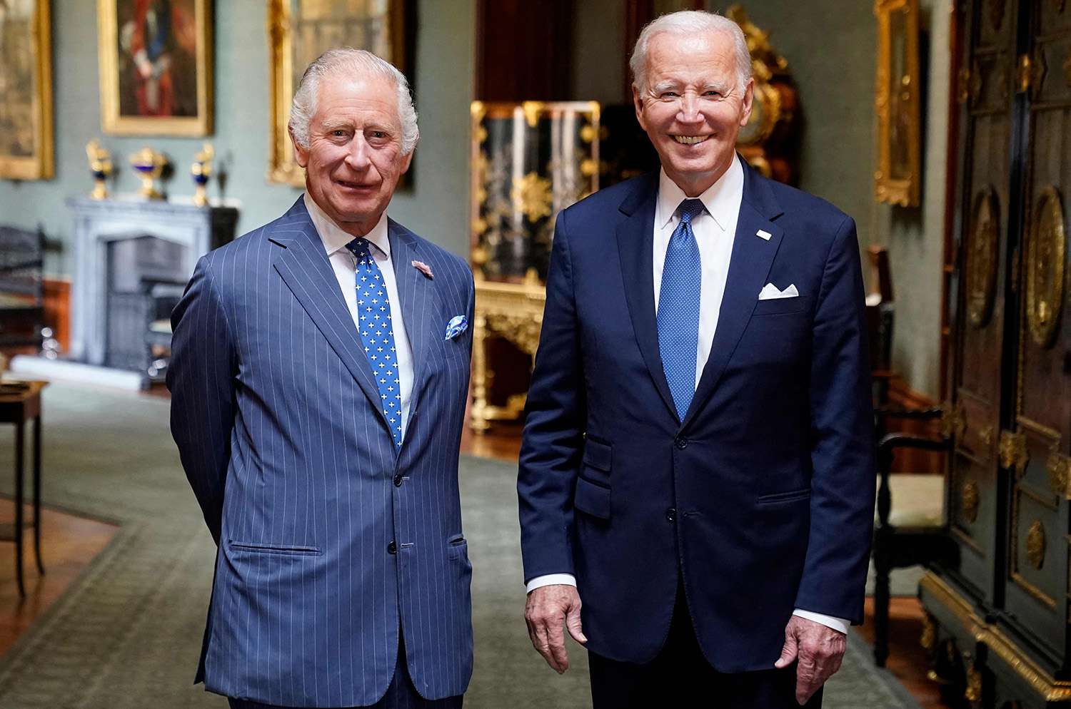 King Charles III and US President Joe Biden pose for photograph in the Grand Corridor at Windsor Castle