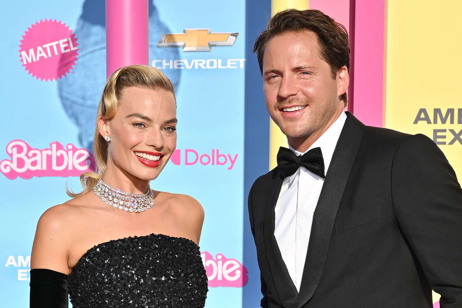 Australian actress Margot Robbie and her husband British producer Tom Ackerley arrive for the world premiere of "Barbie"
