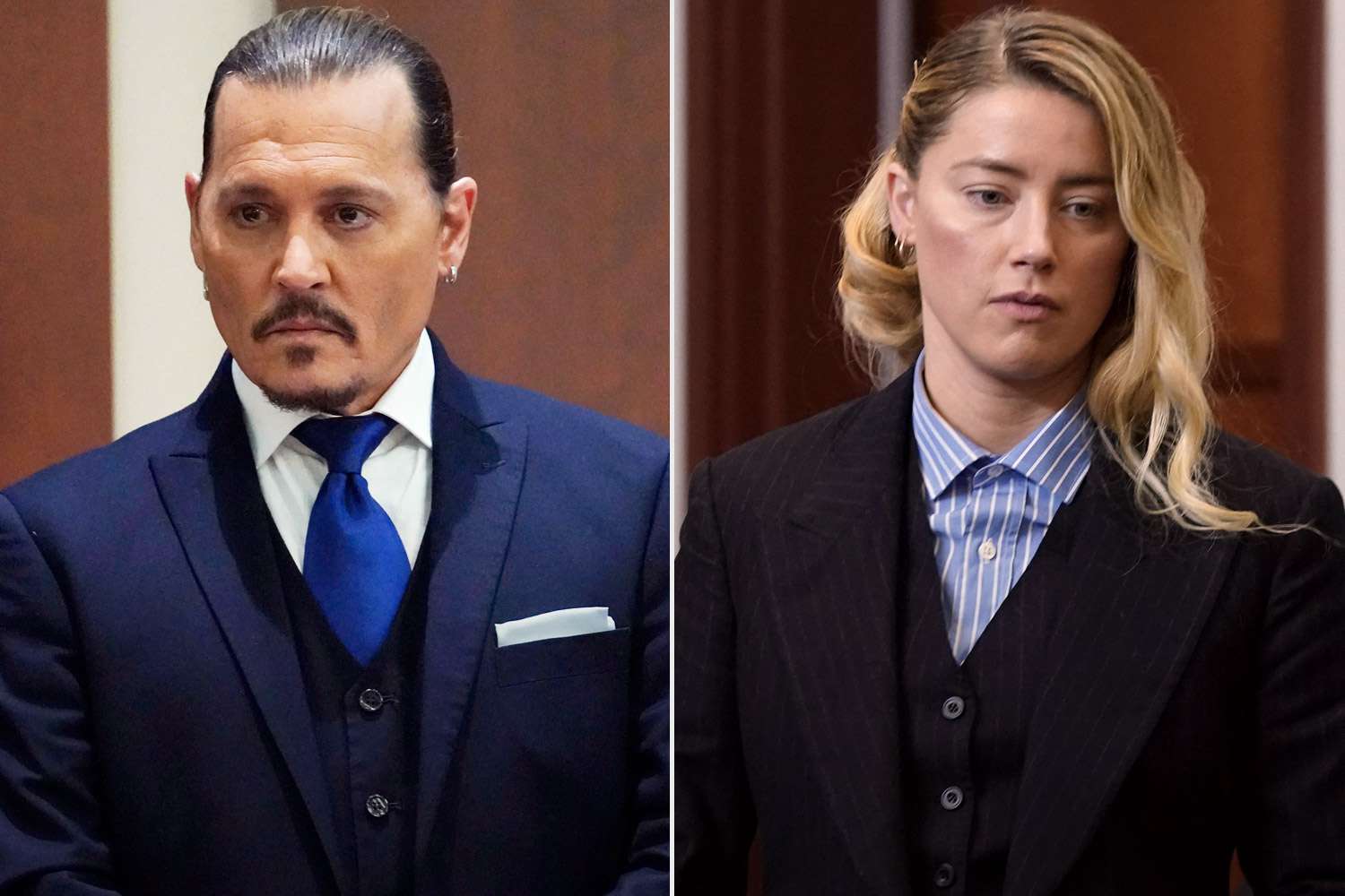 Johnny Depp testifies in the courtroom at the Fairfax County Circuit Courthouse in Fairfax, Virginia, April 25, 2022. - Actor Johnny Depp sued his ex-wife Amber Heard for libel in Fairfax County Circuit Court after she wrote an op-ed piece in The Washington Post in 2018 referring to herself as a "public figure representing domestic abuse." (Photo by Steve Helber / POOL / AFP) (Photo by STEVE HELBER/POOL/AFP via Getty Images); Amber Heard returns from recess at Fairfax County Circuit Court during a defamation case against her by ex-husband, actor Johnny Depp in Fairfax, Virginia, on May 4, 2022. - US actor Johnny Depp sued his ex-wife Amber Heard for libel in Fairfax County Circuit Court after she wrote an op-ed piece in The Washington Post in 2018 referring to herself as a "public figure representing domestic abuse." (Photo by ELIZABETH FRANTZ / POOL / AFP) (Photo by ELIZABETH FRANTZ/POOL/AFP via Getty Images)