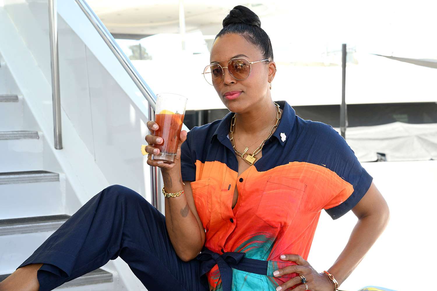 SAN DIEGO, CALIFORNIA - JULY 22: Aisha Tyler visits the #IMDboat At San Diego Comic-Con 2022: Day Two on The IMDb Yacht on July 22, 2022 in San Diego, California. (Photo by Michael Kovac/Getty Images for IMDb)