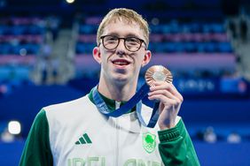 Daniel Wiffen of Ireland show his Bronze Medal during Men's 1500 Freestyle Medals Ceremony on Swimming day nine of the Olympic Games Paris 2024 at Paris