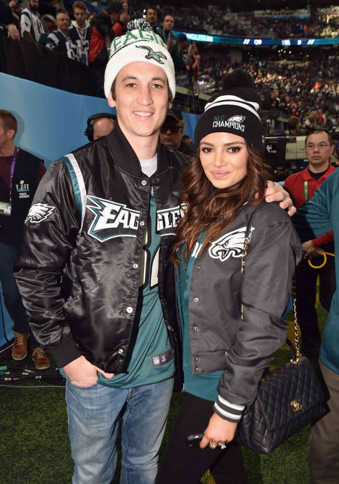 Miles Teller and Keleigh Sperry attend the Super Bowl LII Pregame show at U.S. Bank Stadium on February 4, 2018 in Minneapolis, Minnesota.