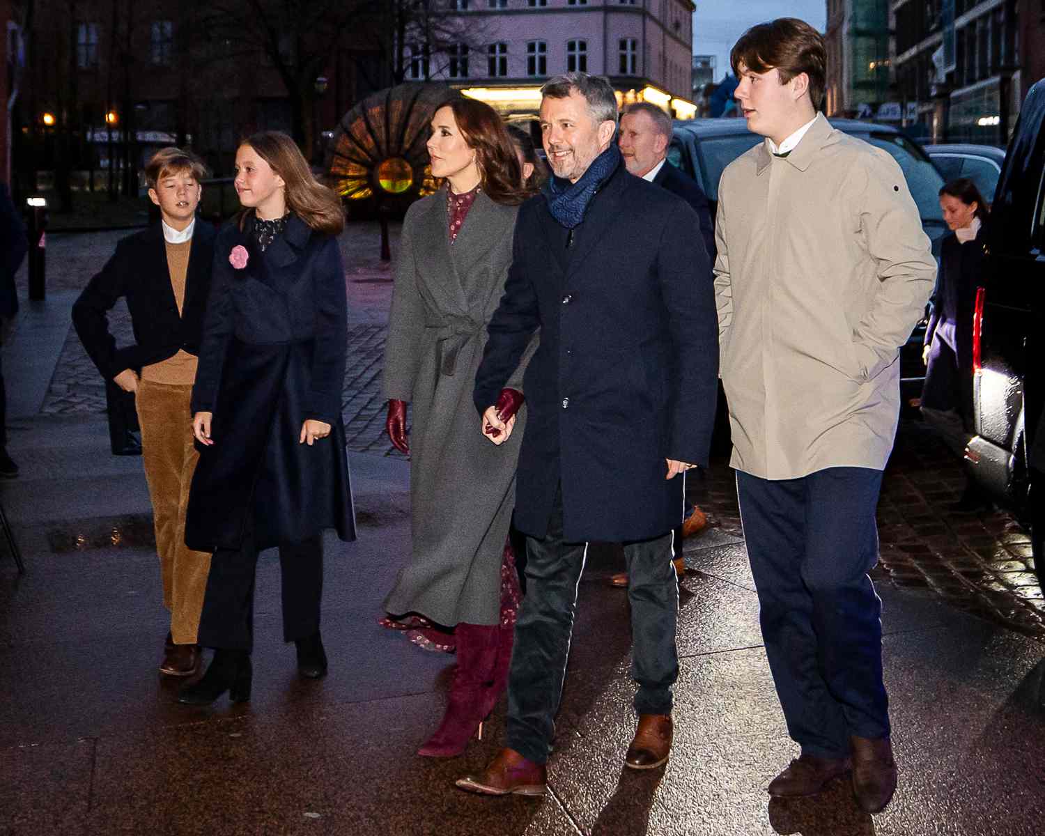Prince Vincent, Princess Josephine, Crown Princess Mary, Crown Prince Frederik, Prince Christian and Prince Joachim arrive at the Christmas Eve service in Aarhus Cathedral, in Aarhus on December 24, 2023