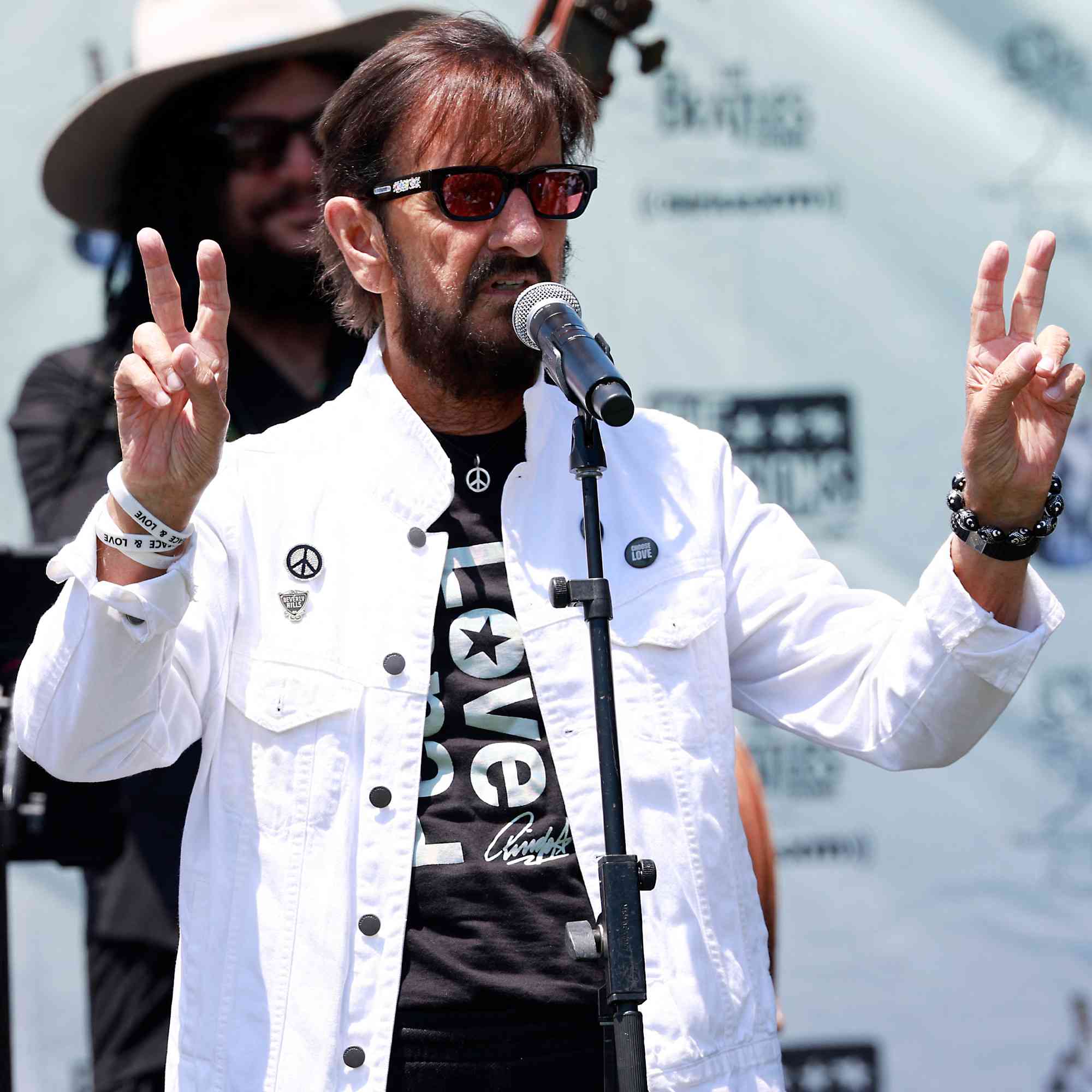 Former Beatles drummer Ringo Starr speaks onstage during his annual birthday 'Peace And Love' campaign, in Beverly Hills, California, on July 7, 2024.