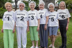 Norma Jacob (left), Lorene Kollmeyer, Maxine Cole, Doris Griffith, Margaret Norton and Elma Jennings stand together in July 2021