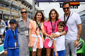 Roger Federer poses for a photo with his family prior to the F1 Grand Prix of Miami at Miami International Autodrome on May 07, 2023 in Miami, Florida. 