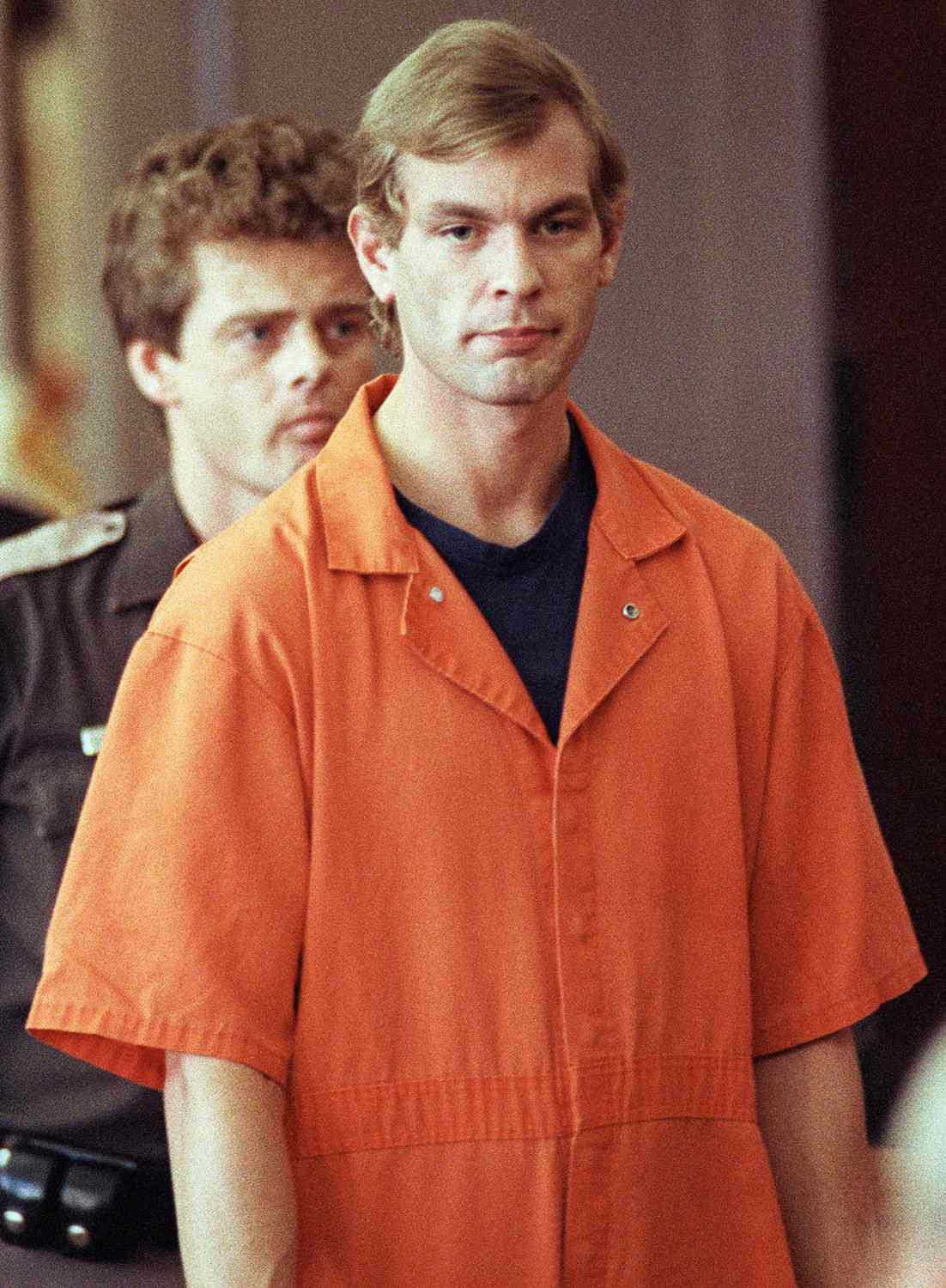 Jeffrey Dahmer enters the courtroom of judge Jeffrey A. Wagner on August 6, 1991.