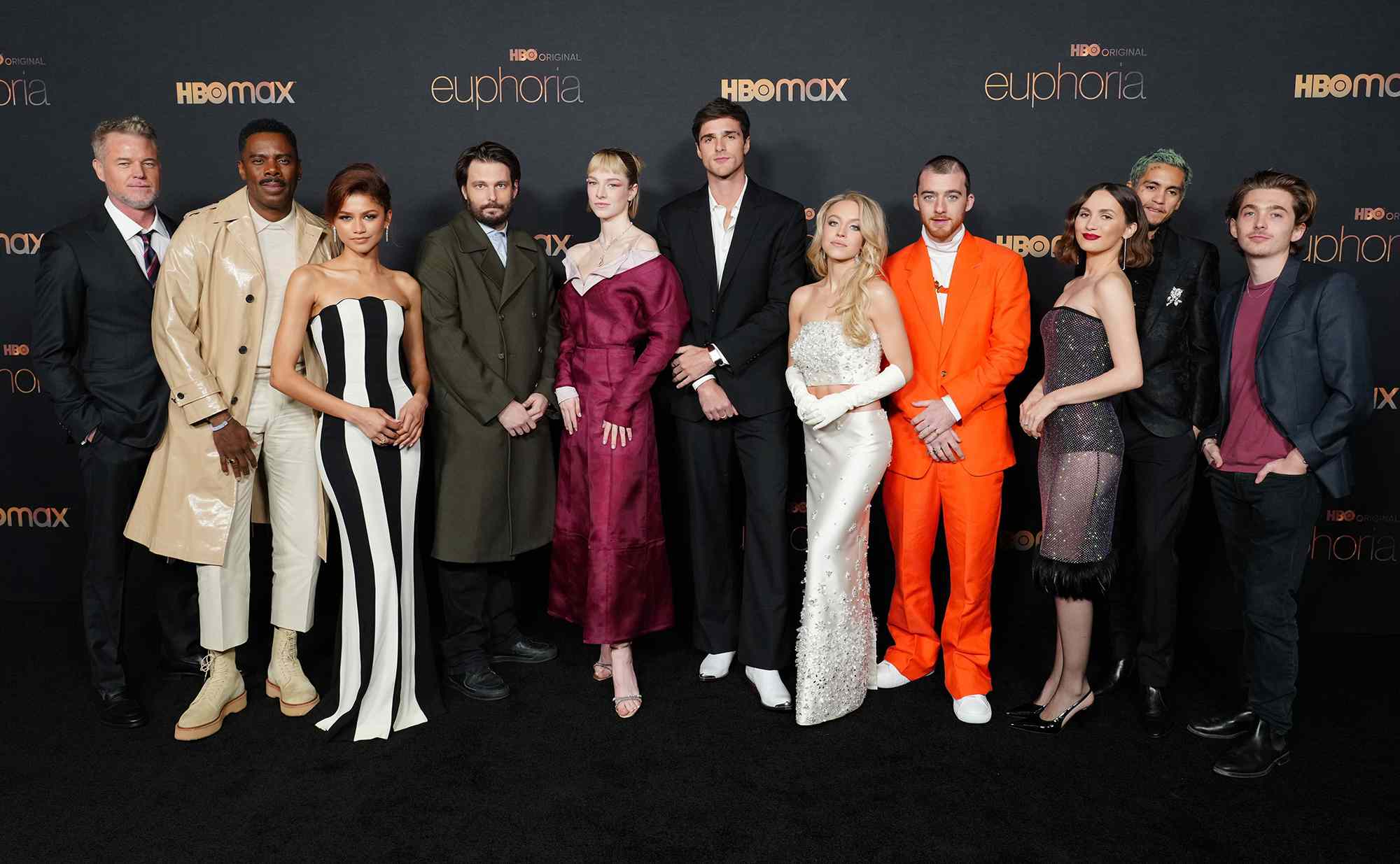 Eric Dane, Colman Domingo, Zendaya, Sam Levinson, Hunter Schafer, Jacob Elordi, Sydney Sweeney, Angus Cloud, Maude Apatow, Dominic Fike and Austin Abrams attend HBO's "Euphoria" Season 2 Photo Call at Goya Studios on January 05, 2022 in Los Angeles, California