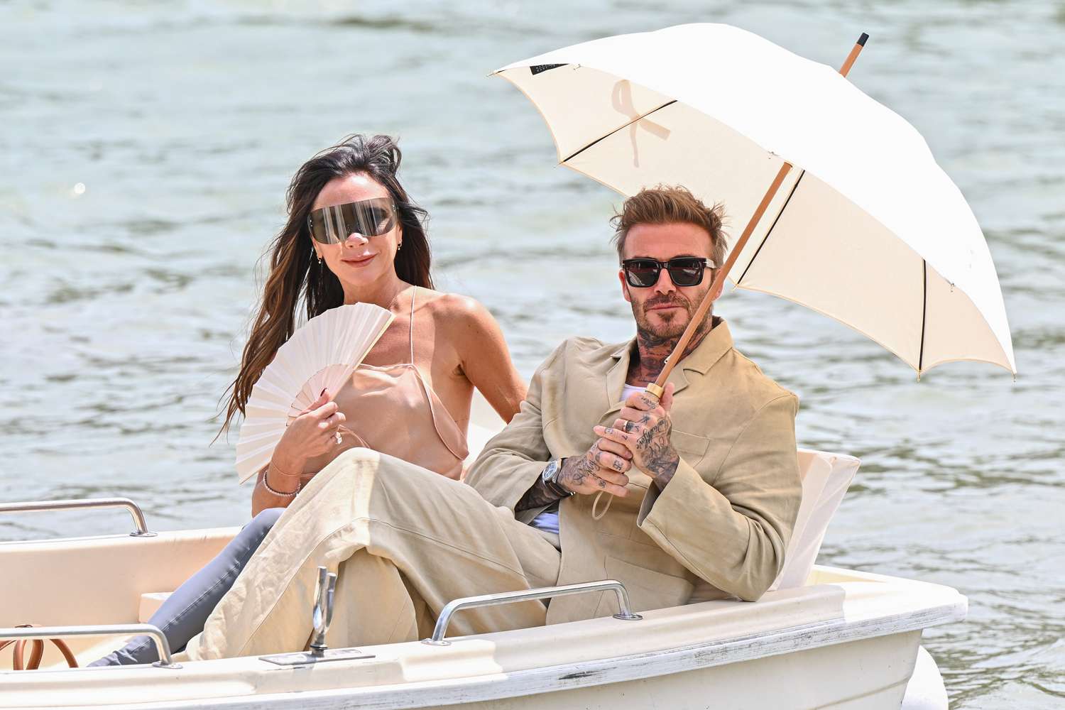 Victoria Beckham and David Beckham attend the "Le Chouchou" Jacquemus' Fashion Show at Chateau de Versailles on June 26, 2023 in Versailles, France.