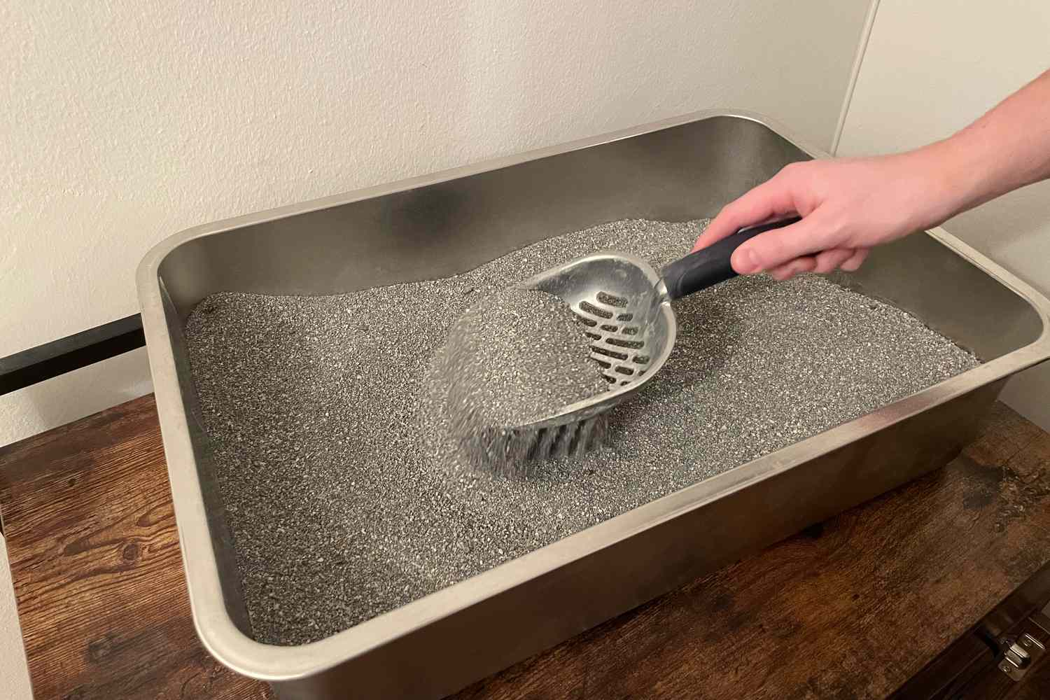 hand scooping litter box full of Fresh Step Outstretch Long Lasting Concentrated Clumping Cat Litter with Febreze Freshness